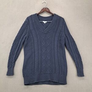 LL Bean Signature Men's Cable Knit V Neck Sweater Blue Cotton Size M